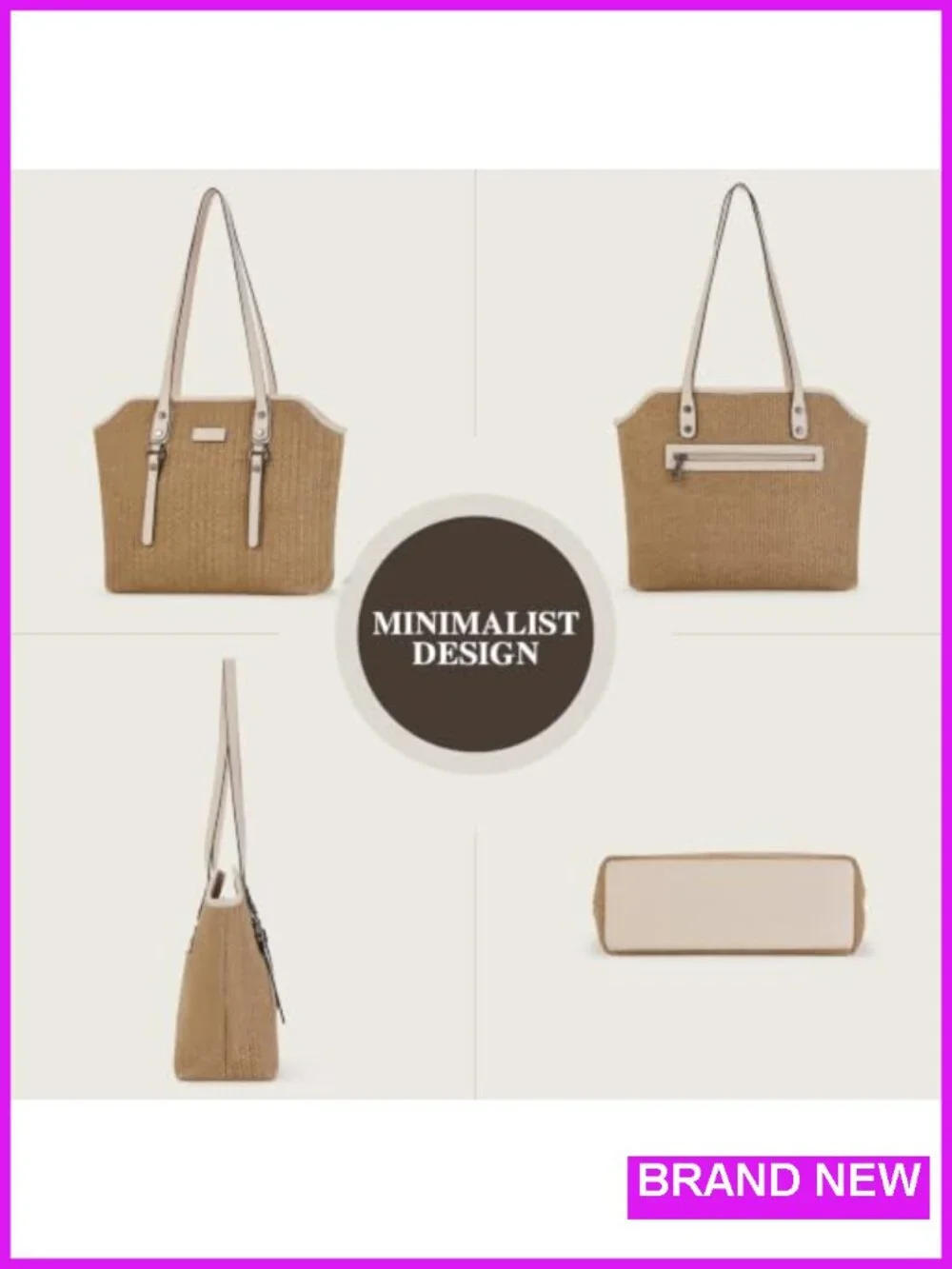 Straw Woven Vegan Leather Tote Bag with Zipper Closure, Large Capacity for